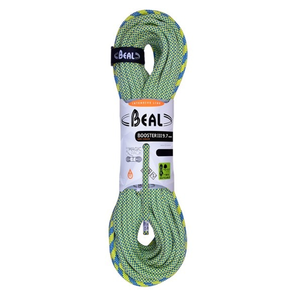 Side-angle view of VelocityPro 9.7mm dry climbing rope coiled on rugged outdoor gear
