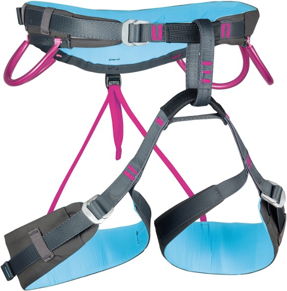 Side view of NovaLite women's climbing harness showing adjustable leg loops and padded waist for comfort