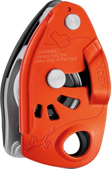 Petzl NEOX belay device showing ergonomic handle and cam-assisted braking mechanism from side angle