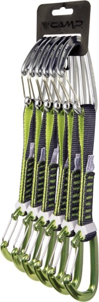 Close-up view of Orbit Wire Express KS Quickdraws, highlighting lightweight wire carabiners and nylon dogbone.