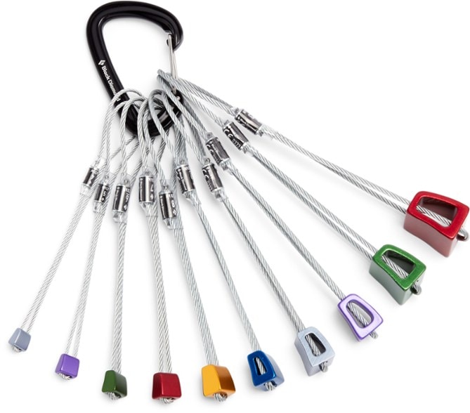 Close-up of Black Diamond color-coded climbing stoppers set highlighting various sizes and colors.