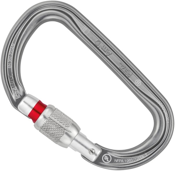 Petzl Am'D screwgate carabiner viewed from the side, highlighting its locking mechanism and D-shape.