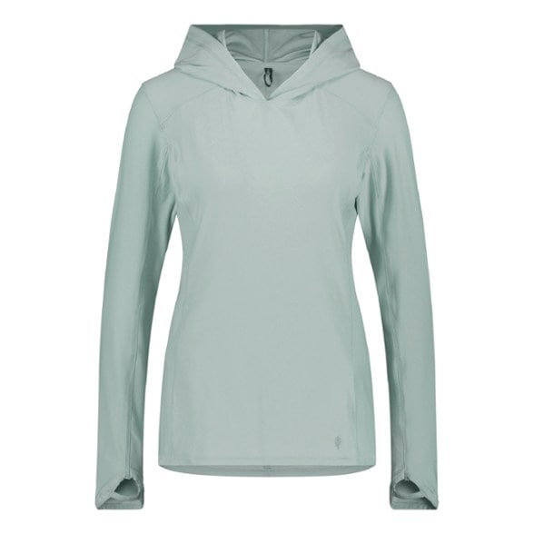 Front view of lightweight women's hoodie worn by climber, showing thumbhole cuffs and fitted hood