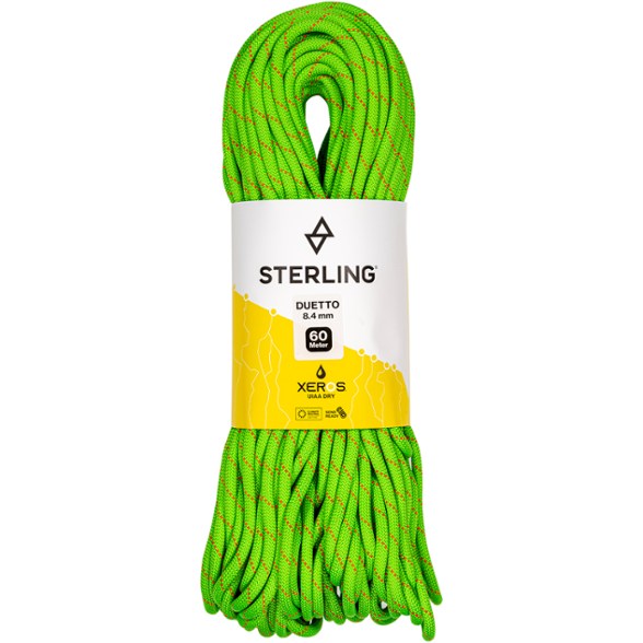 Close-up of Sterling Duetto XEROS 8.4mm dry climbing rope coiled neatly, showcasing its durable sheath and dry treatment