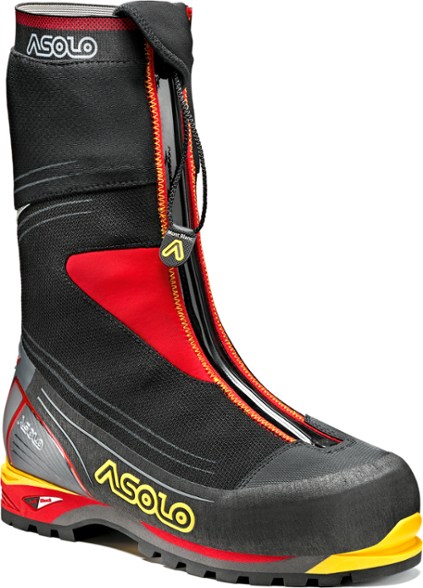 Side view of Asolo Mont Blanc GV insulated climbing boots on rocky terrain.