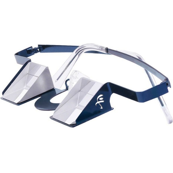 Side view of PrismView Steel Belay Glasses showing slim steel frame and prism lenses