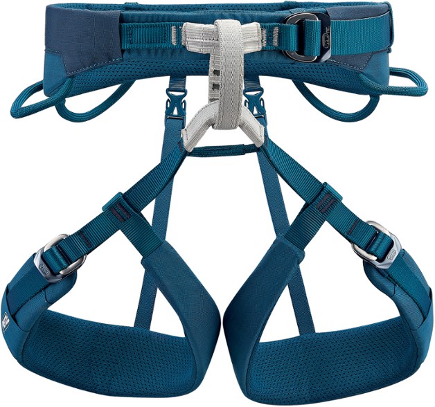 Side view of Petzl Adjama Pro climbing harness showcasing padded leg loops and adjustable waistbelt for men