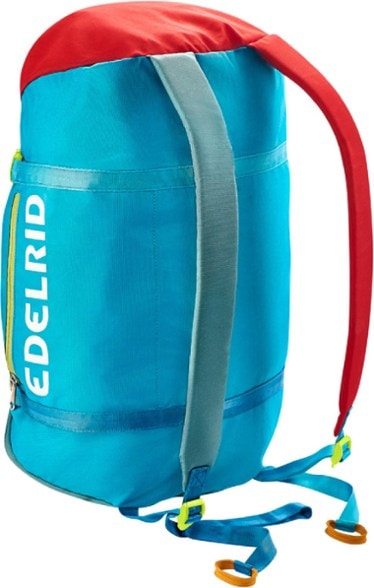 Front view of Edelrid Drone Pro rope bag showing adjustable straps and lightweight design for rock climbing