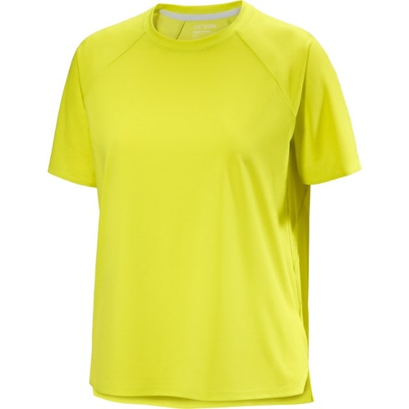 Arc'teryx Women's Silene Performance T-Shirt shown in a climbing environment, highlighting its moisture-wicking capabilities.