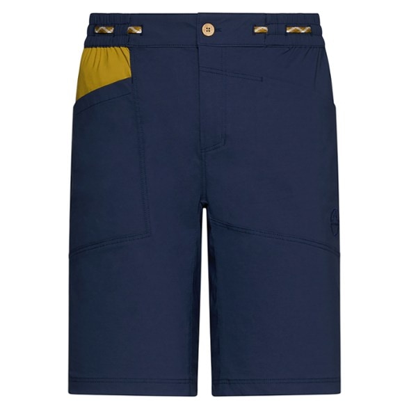 Side view of men's eco-friendly climbing shorts during a rock climbing session.