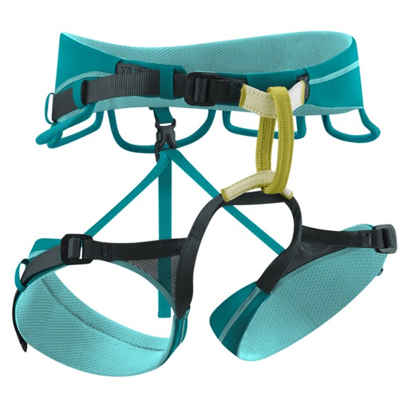 Edelrid Autana harness showcasing its eco-friendly design and features from a front angle.