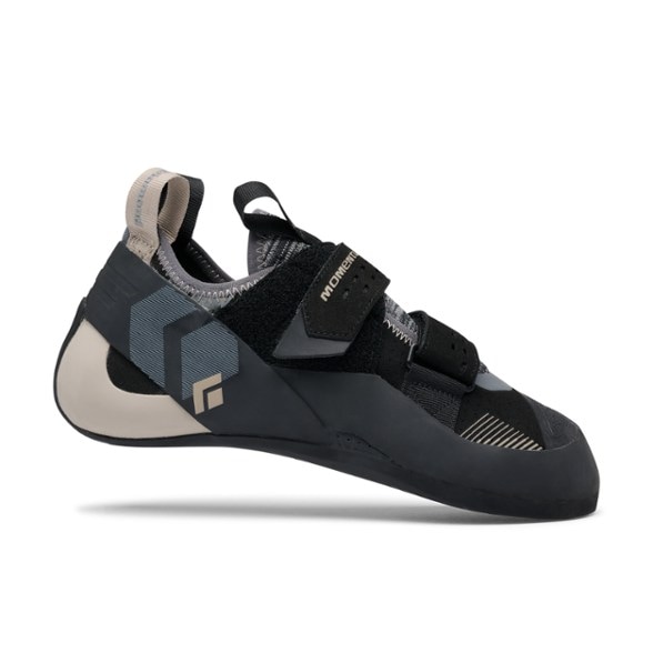 Black Diamond Momentum climbing shoes showing side view and strap design.