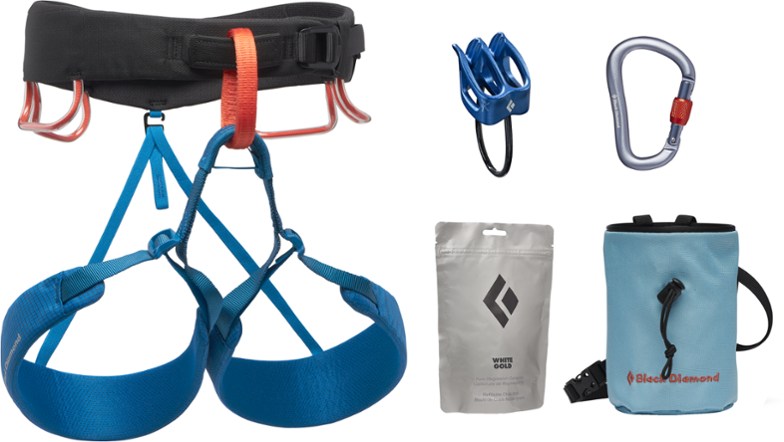 Front view of the Black Diamond Momentum Climbing Harness highlighting its adjustable features and gear loops.