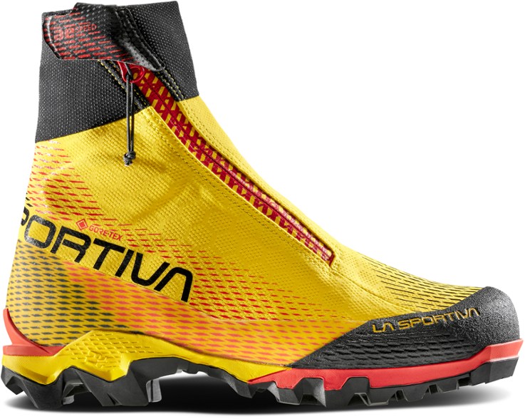 Side angle of the La Sportiva Aequilibrium Speed Pro GTX mountaineering boots showcasing over-the-ankle gaiters and durable mudguards