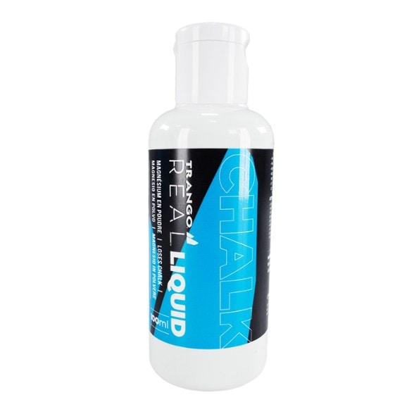 Trango Premium Liquid Chalk bottle from the front, showcasing its sleek design for climbers.