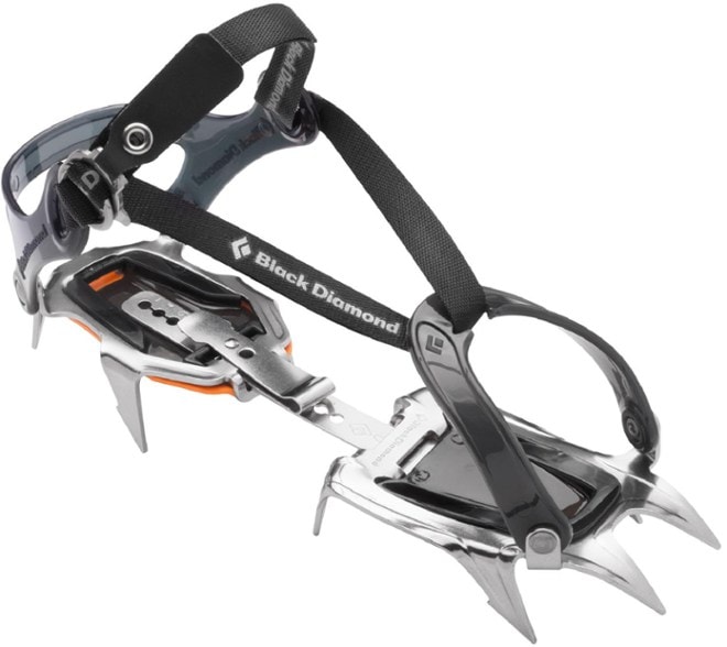 Close-up view of lightweight Black Diamond Contact crampons showcasing stainless steel design.