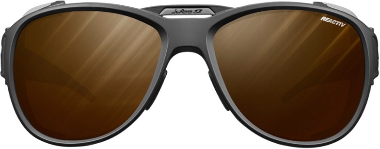 Front view of Julbo Explorer 2.0 Mountaineering Sunglasses showcasing the anti-fog ventilation and ergonomic design.