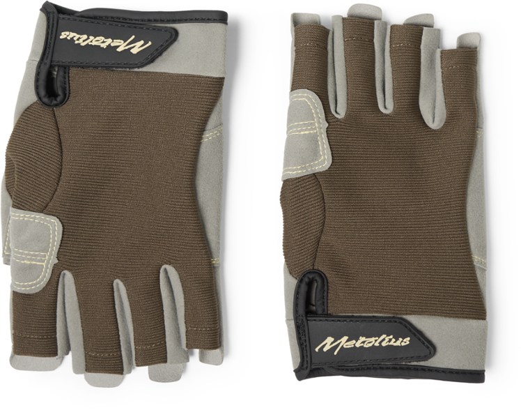 Close-up of CruxLite fingerless climbing gloves showing reinforced palm grip during belay