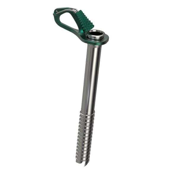 Aero Pro Ice Screw showing its sturdy 3-tooth tip and chromoly steel construction.