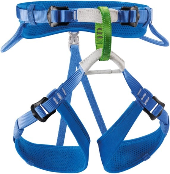 Front view of the Petzl Macchu kids climbing harness highlighting the adjustable buckles and gear loops.