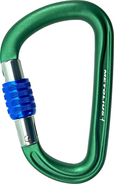 Metolius heavy-duty screw lock carabiner shown against a rocky climbing background.