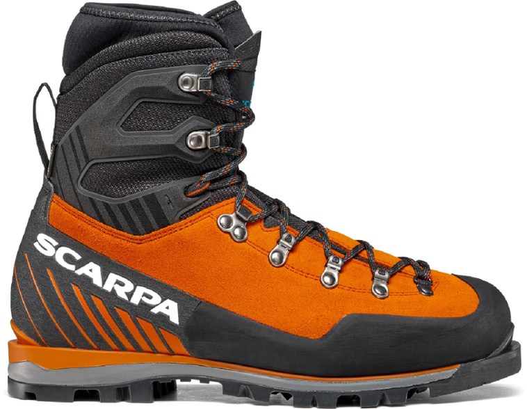 Mont Blanc Pro GORE-TEX boots showcasing the rugged leather upper and integrated gaiters for snow protection.