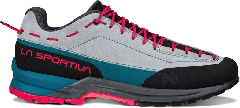 Side view of La Sportiva TX Guide Leather women’s climbing shoes showing nubuck leather and lace detail
