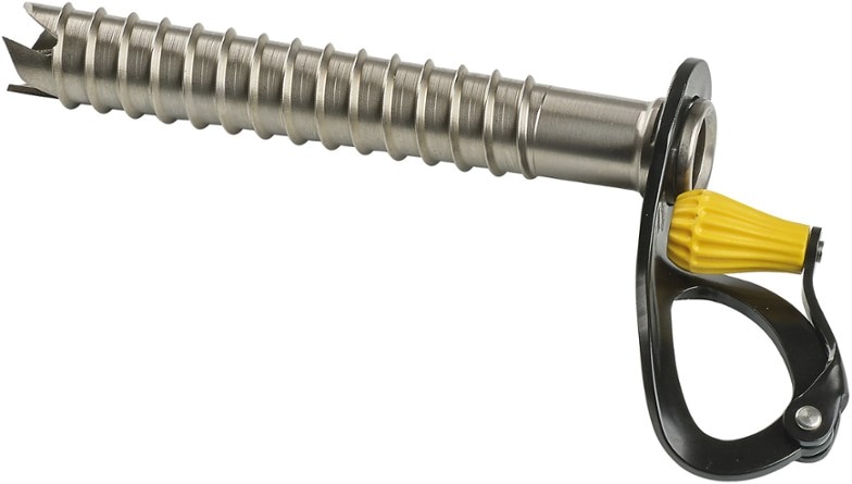 Close-up of CAMP Rocket ice screw highlighting its front teeth design for quick placements.