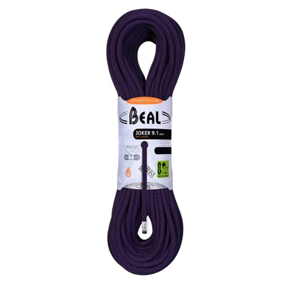 Beal Joker 9.1 mm dry climbing rope displayed in a climbing setup, showcasing its versatility for different climbing styles.
