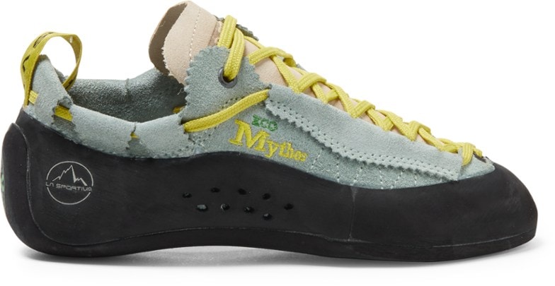 Side view of Mythos Eco Women's Climbing Shoes highlighting recycled materials and lacing system.