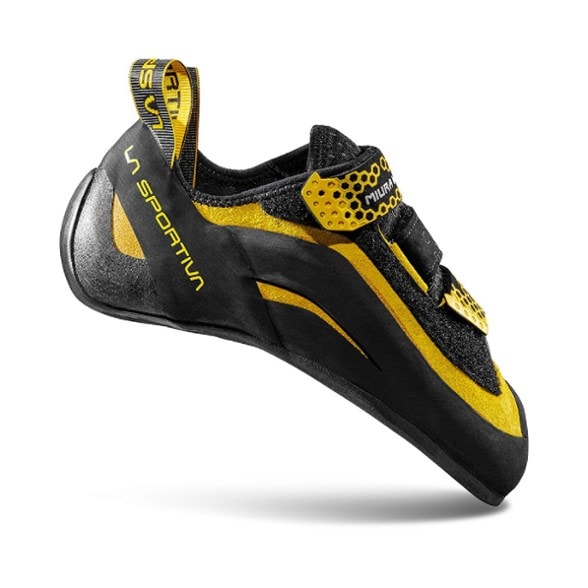 Men's Miura VS climbing shoes showcasing high-quality leather and strap closure system.