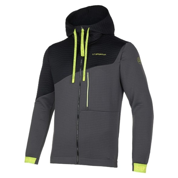 Front view of men's climbing hoodie with hood up, showing lightweight fleece and zippered chest pocket