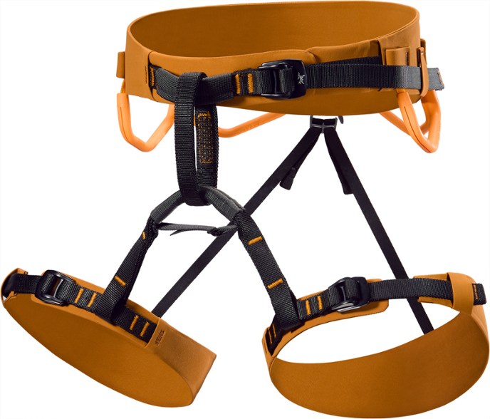 Front view of Arc'teryx women's climbing harness showcasing adjustable leg loops