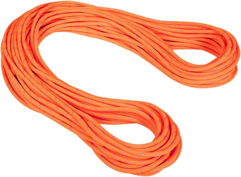 Side view of SummitPro alpine rope 9.5 mm dry climbing rope coiled neatly, highlighting lightweight design