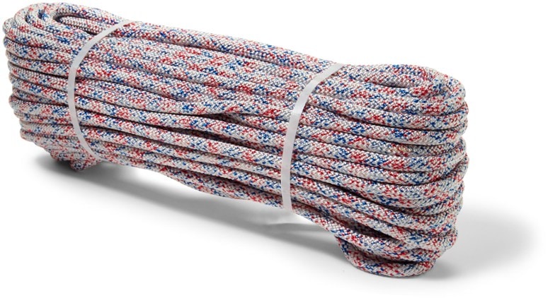 Close-up of E-Z Bend Pro 11 mm static rope showing durable woven nylon sheath and bright patriot colors
