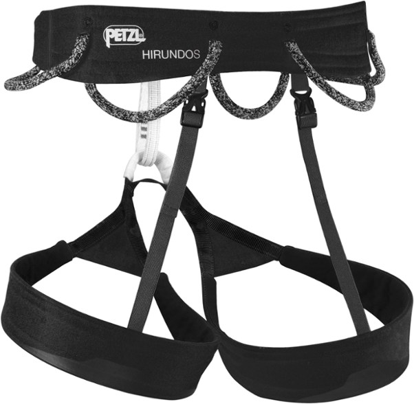 Side view of the lightweight climbing harness with gear loops showing padded waist and leg loops for comfortable hanging