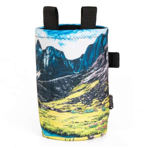 Front view of Rachel Pohl Artist Series chalk bag showcasing colorful artwork and drawstring closure.