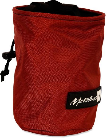 Side view of Metolius ergonomic chalk bag showing stiff rim and drawstring closure, essential climbing accessories