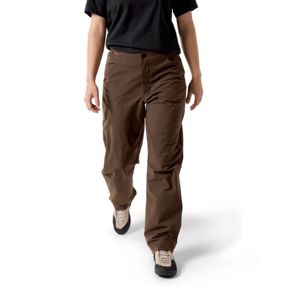 Clarkia Women's Wide-Leg Climbing Pants in action during a hike, showcasing their flexible fit.