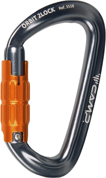Orbit 2Lock carabiner from a side angle, highlighting its low-profile locking sleeve.
