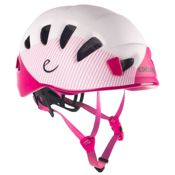 Edelrid climbing helmet with ventilation features, angled view