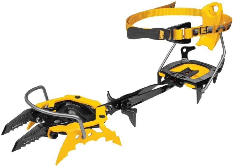Side angle view of Grivel G22 Pro-Step crampons mounted on step-in boots during vertical ice ascent