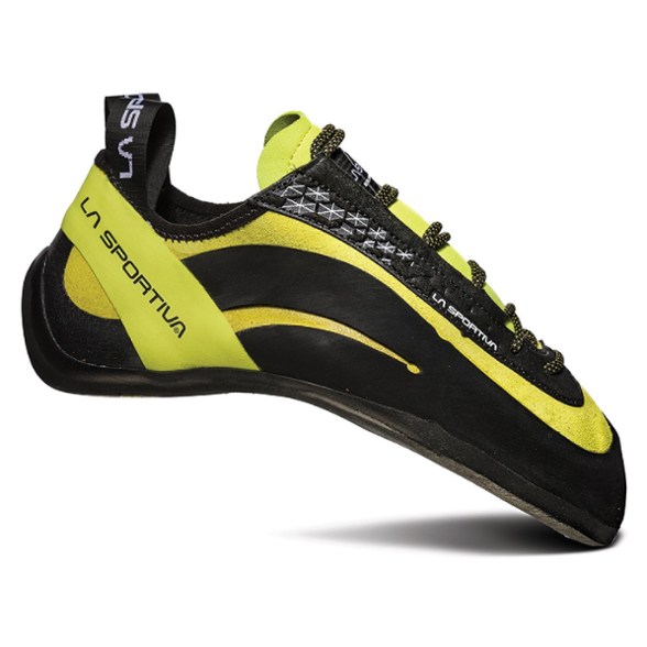 La Sportiva Miura climbing shoes on rocky terrain showcasing aggressive design.