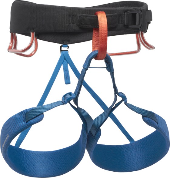 Men's adjustable climbing harness showing 4 gear loops and padded waist for comfort.