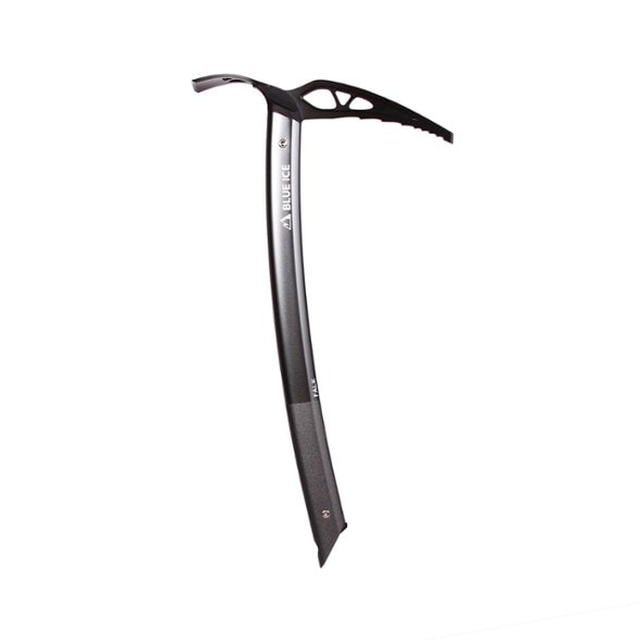 Blue Ice Falk lightweight ice axe with ergonomic grip angled view showing chromoly steel pick and anodized aluminum shaft