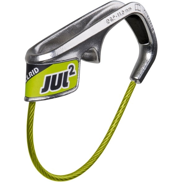 Close-up of Edelrid Jul 2 Pro belay device showing abrasion-resistant stainless steel and ergonomic design for sport climbing