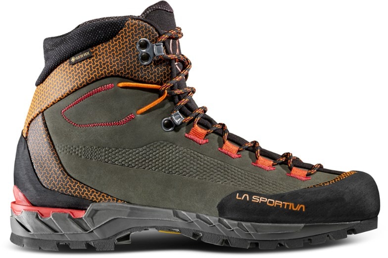 Side view of Trango Tech GORE-TEX mountaineering boots on rocky terrain.