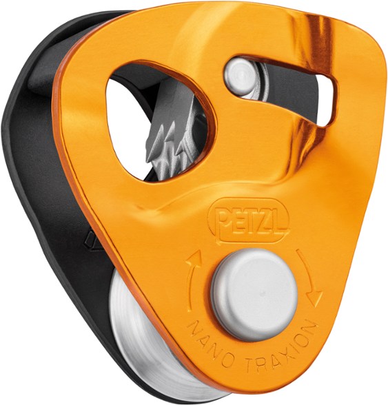 Close-up view of the Petzl NanoSwift pulley showing toothed cam and sheave system