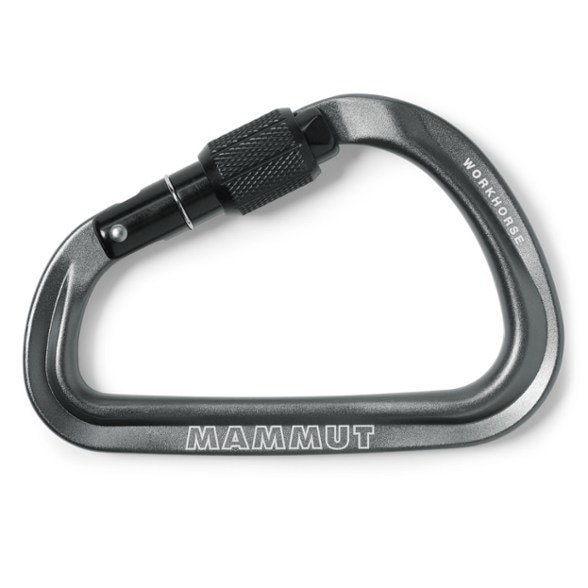 Close-up view of the durable HMS screwgate carabiner showcasing its robust design.