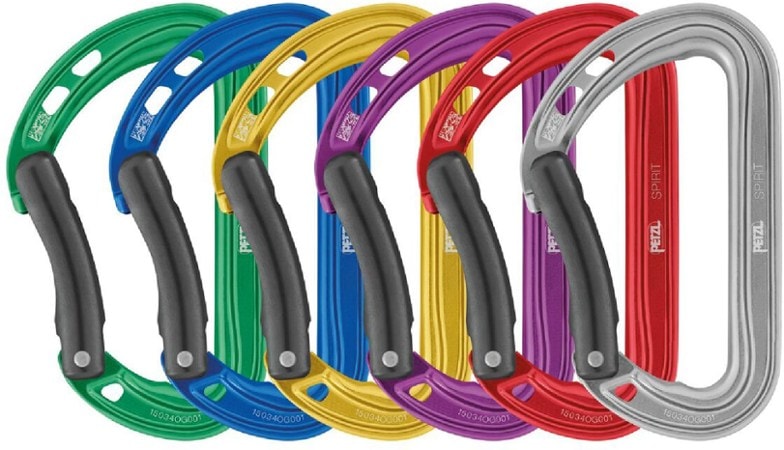 Petzl Spirit carabiner set displaying lightweight design in action on climbing gear.